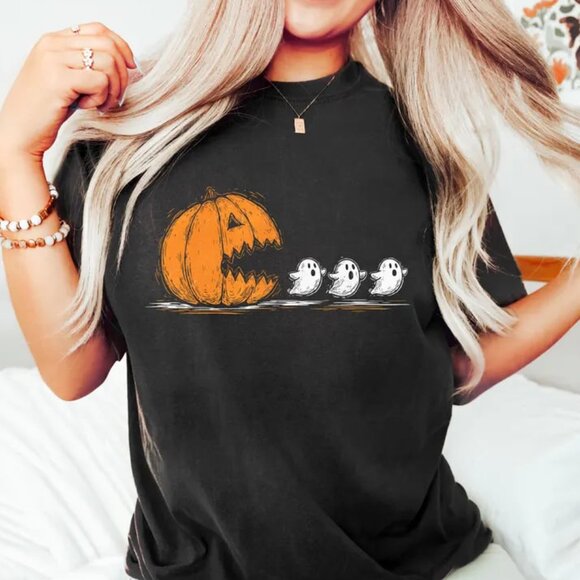 Tops - Pumpkin Ghost Halloween Tee, Funny Graphic Shirt